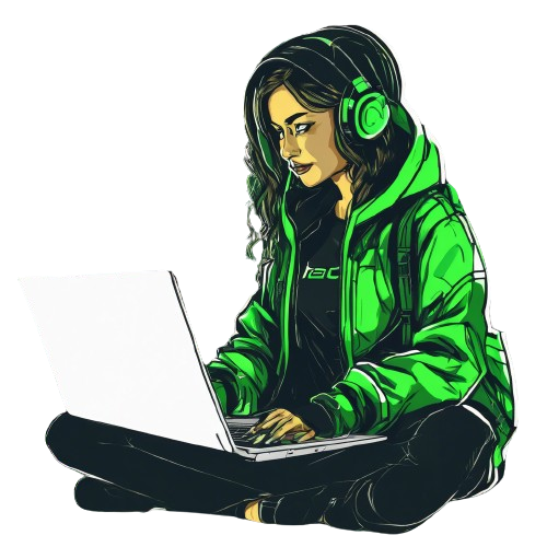 floating hacker girl saving the world on her computer